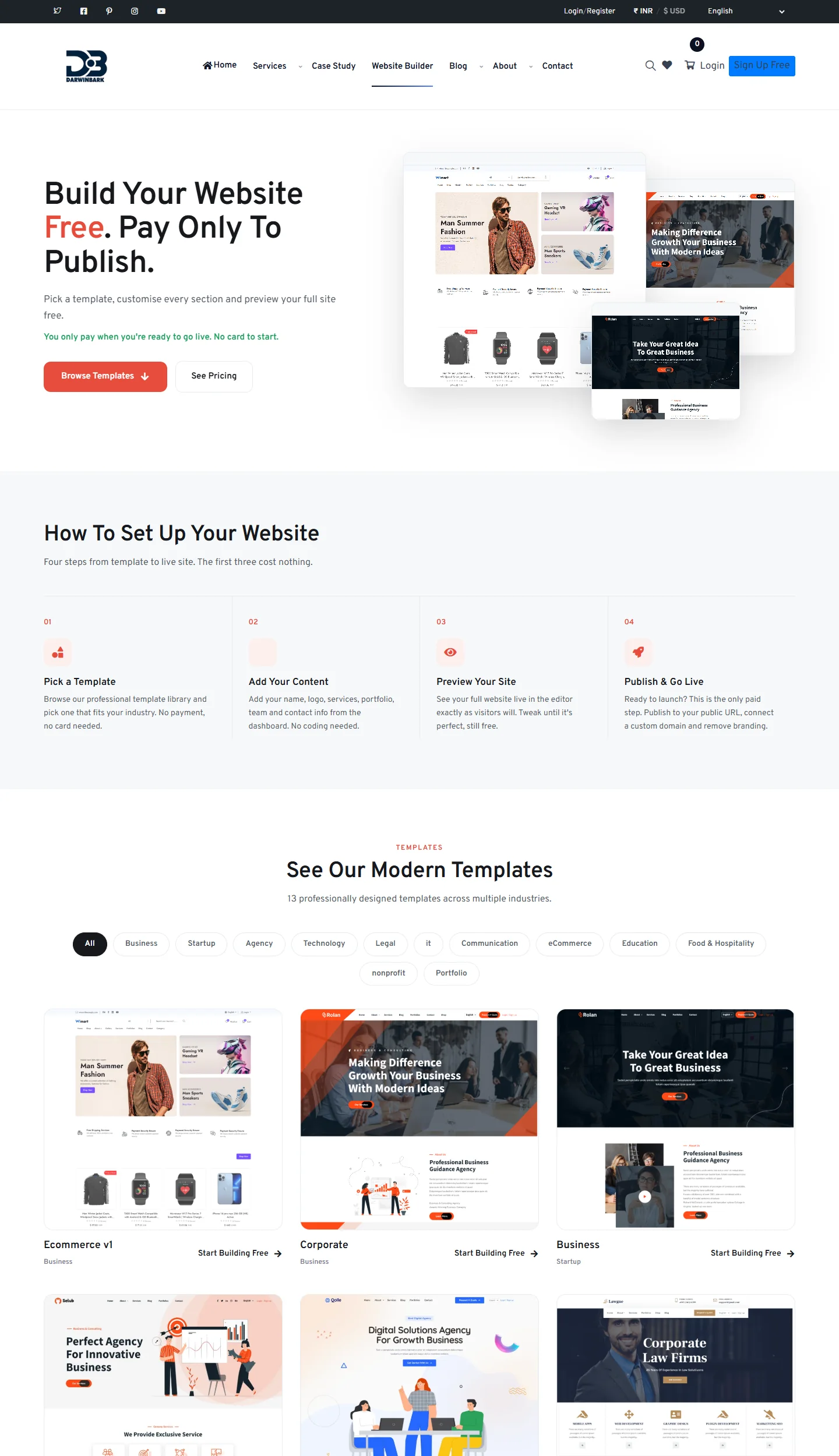 Darwinbark website builder page with the template gallery below