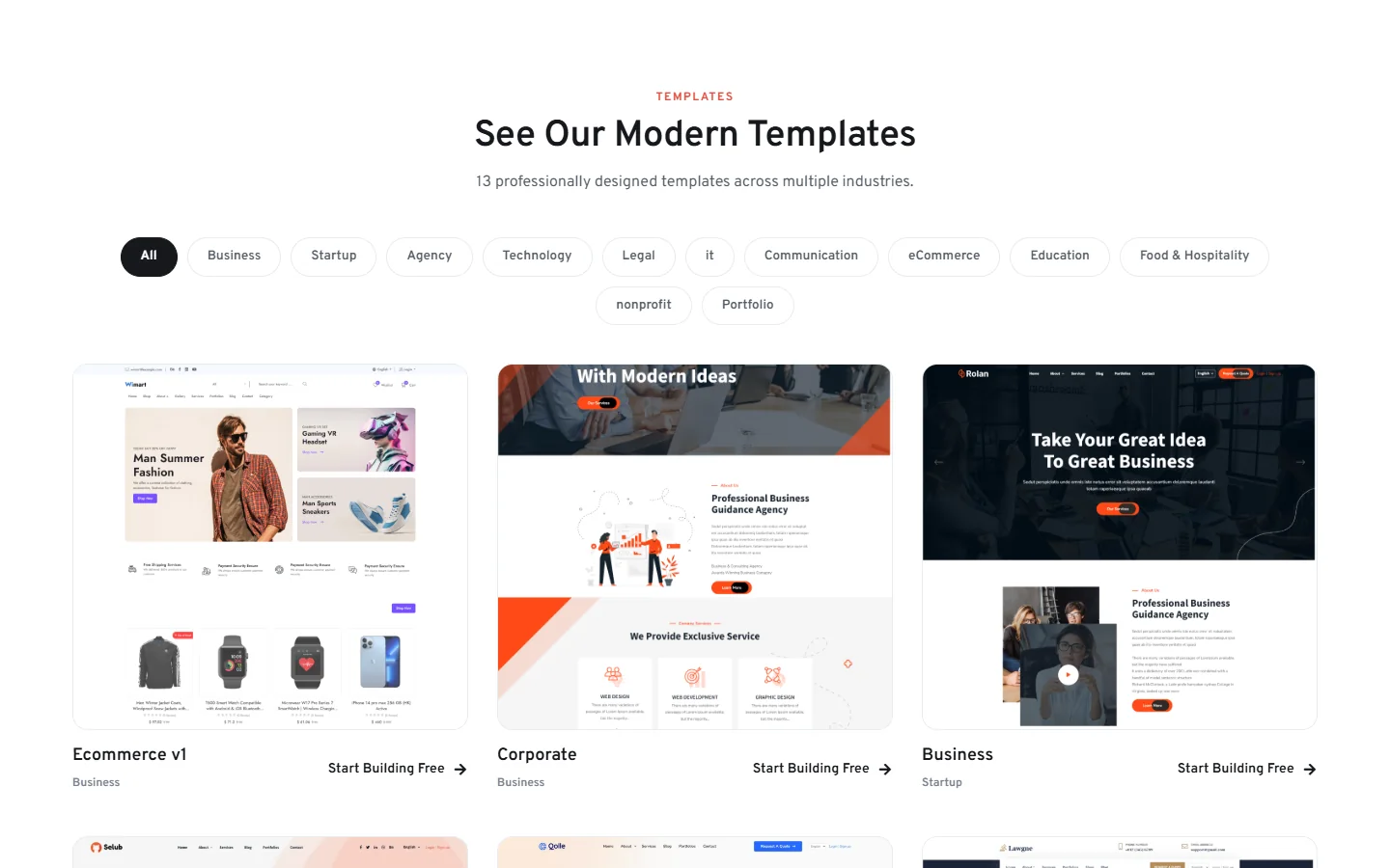 Template gallery with Ecommerce, Corporate and Business templates