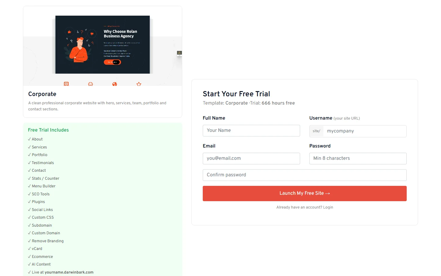 Start Your Free Trial form for the Corporate template