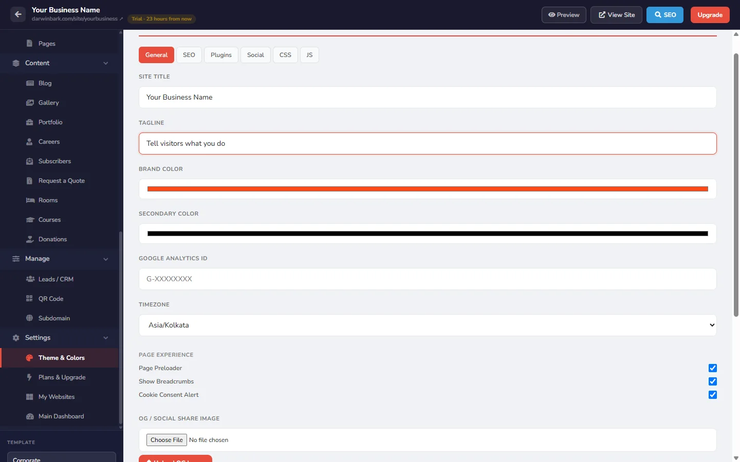 Darwinbark editor — Theme and Colors settings with default business name and orange brand colour