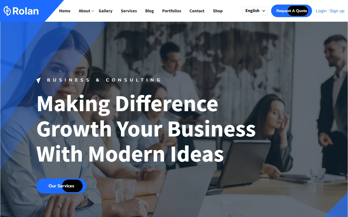Desktop preview of a Corporate template website in a custom blue brand colour