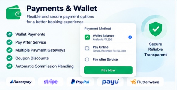 Clinixo payment options — wallet payments, pay after service, multiple payment gateways including Razorpay, Stripe, PayPal, PayU and Flutterwave, coupon discounts and automatic commission handling