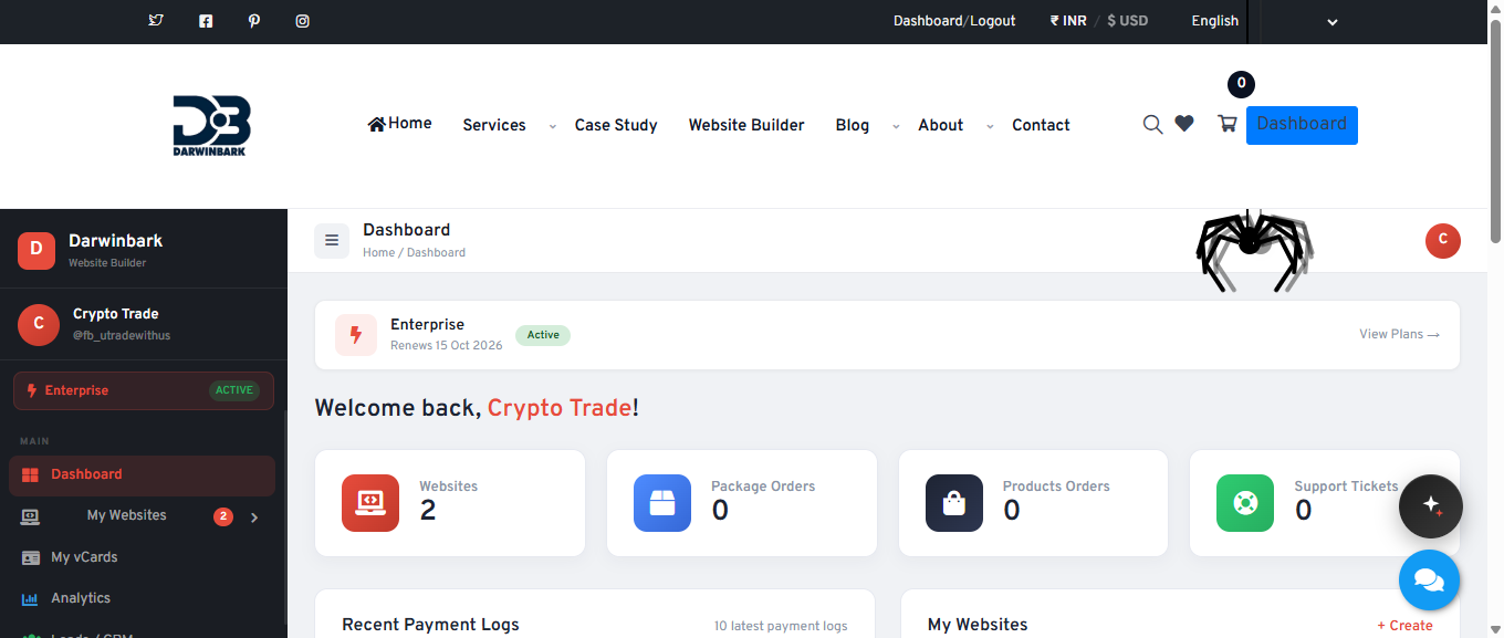 Darwinbark account dashboard listing existing website projects