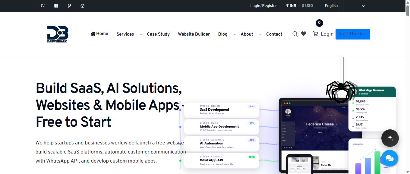 Darwinbark homepage with navigation to the Website Builder