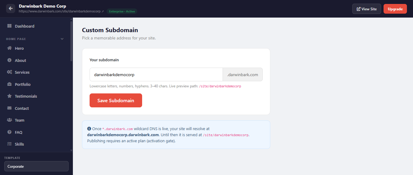 Darwinbark Website Builder subdomain settings page