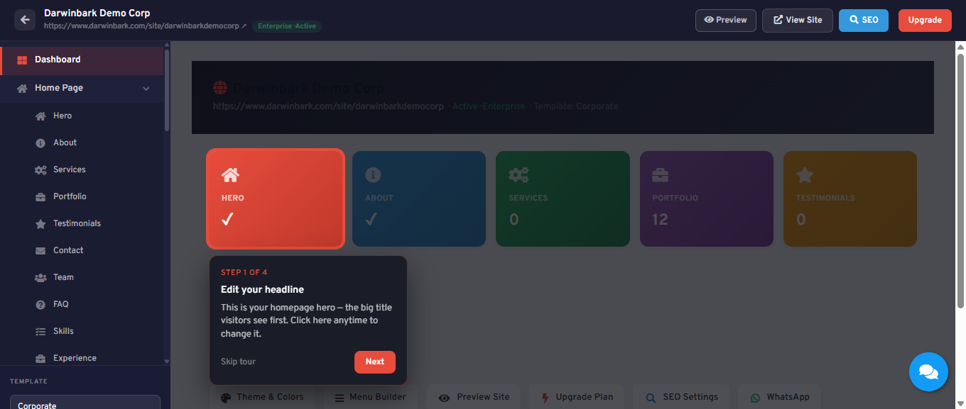 Darwinbark Website Builder per-site editor dashboard sidebar