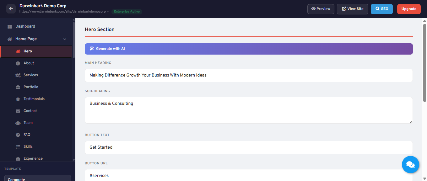 Darwinbark Website Builder hero section content editor fields