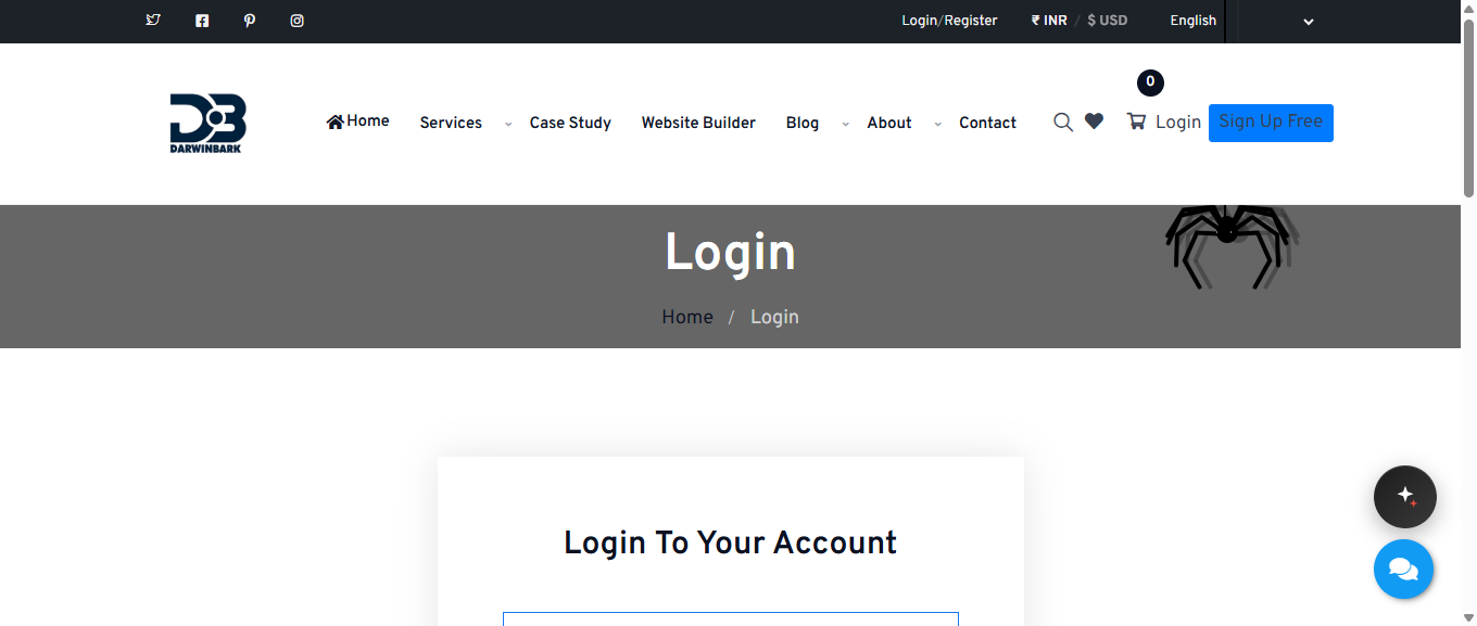 Darwinbark login page with email and password fields