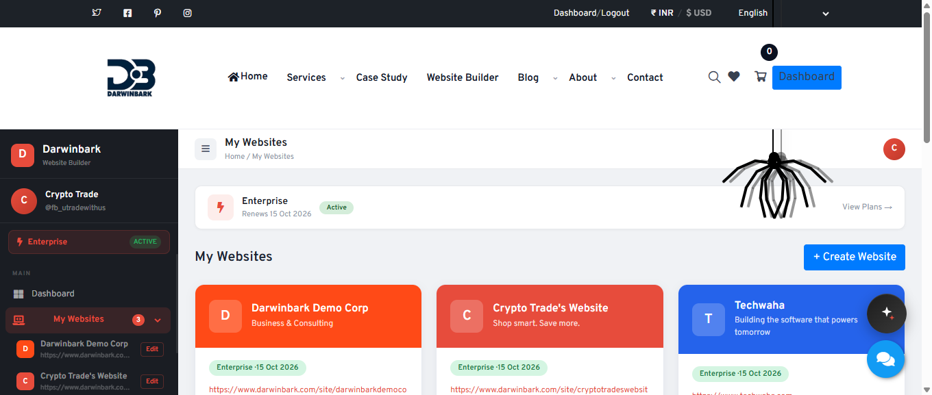Darwinbark account dashboard showing three website projects