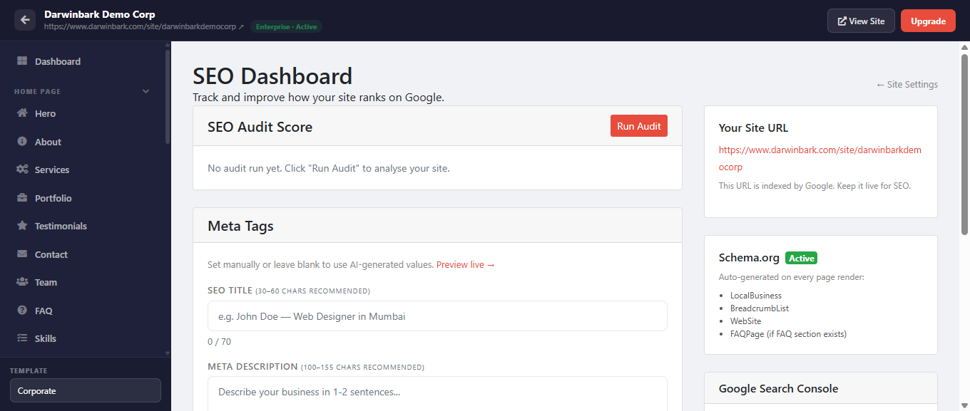Darwinbark Website Builder SEO settings page