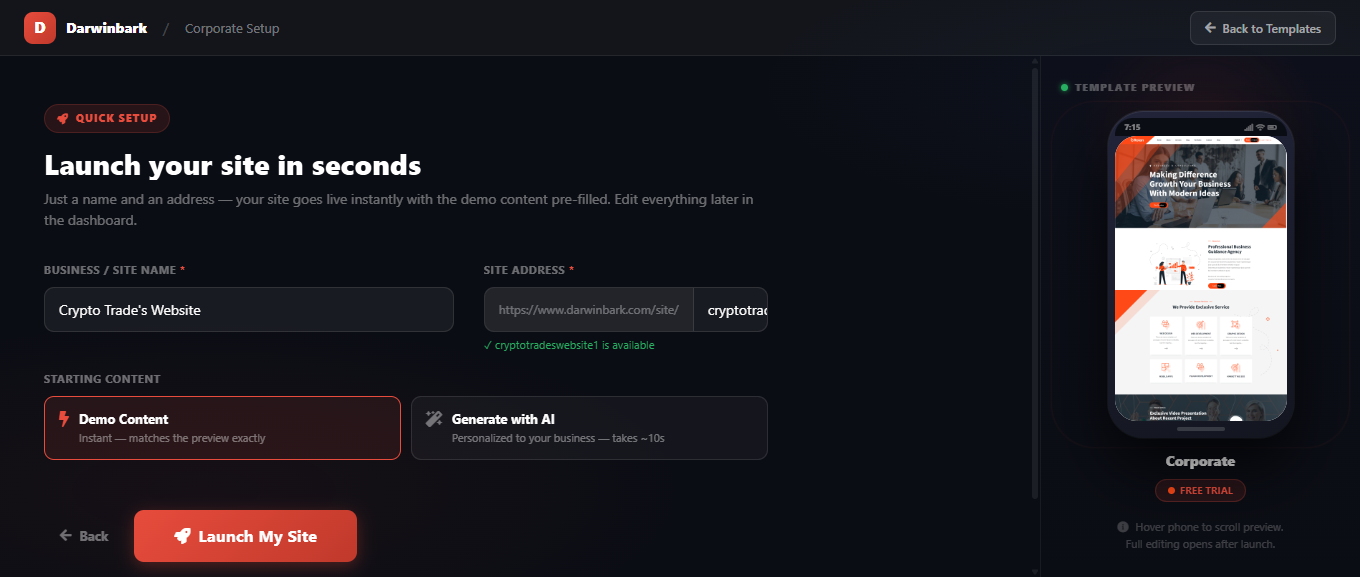 Darwinbark Website Builder quick setup form for a new site
