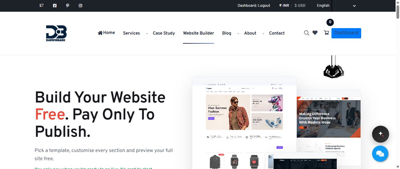 Darwinbark Website Builder template selection grid