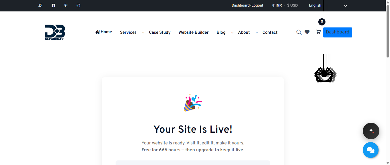 Darwinbark Website Builder trial site created confirmation screen