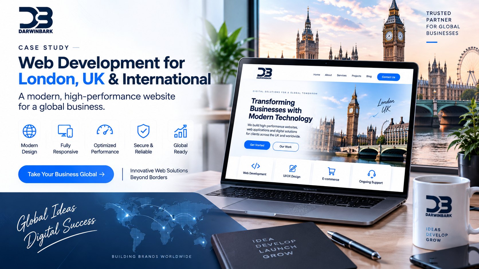 Web development for London, UK and international businesses by Darwinbark — a modern responsive website shown on laptop and mobile