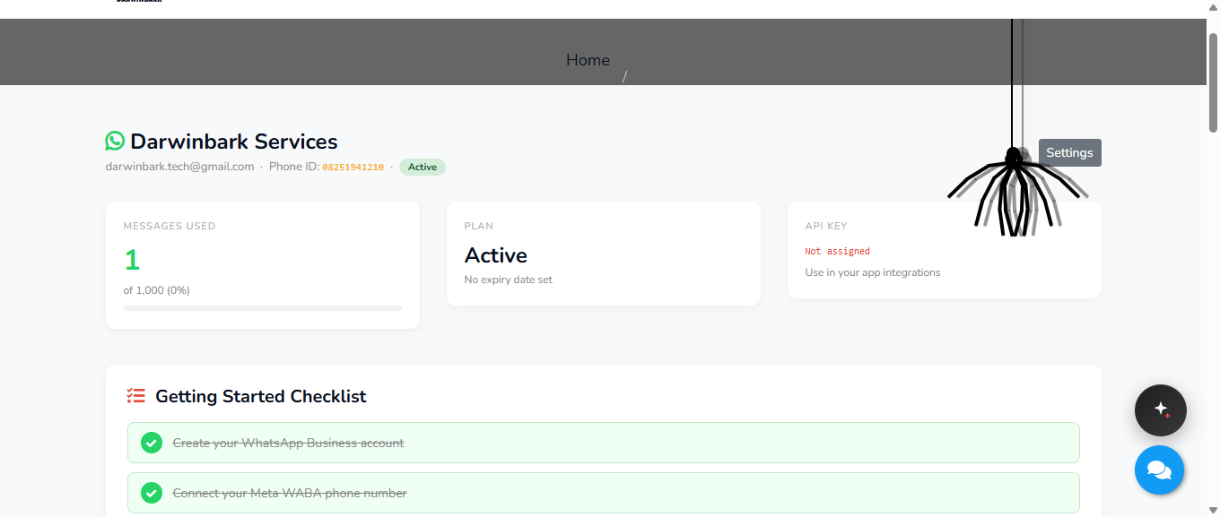 WhatsApp Business SaaS dashboard — connected account, message usage and API key status