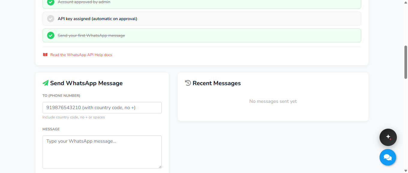 Send WhatsApp Business message form with recent messages log