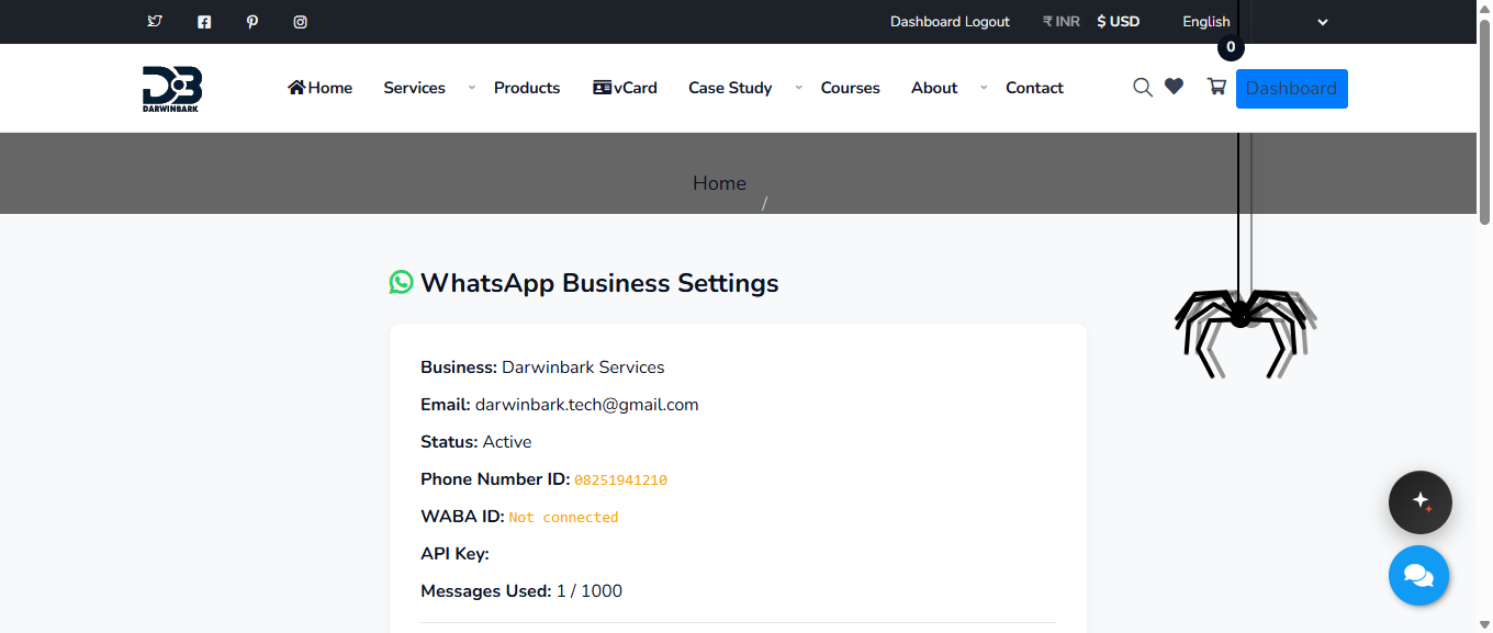 WhatsApp Business API settings — phone number ID, WABA ID and usage quota