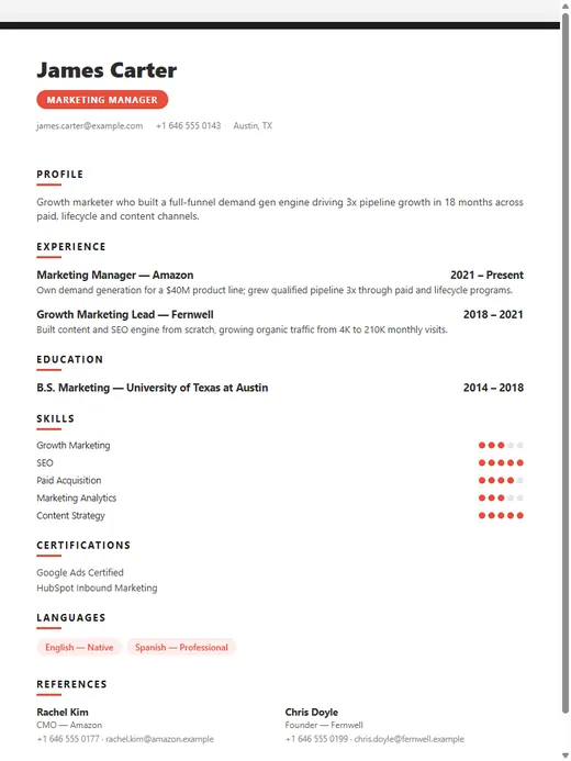 Bold Tags resume template — Marketing