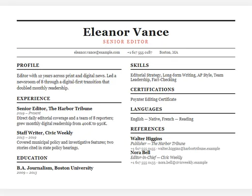 Newspaper resume template (ATS-friendly) — Traditional